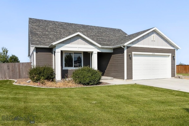 ranch-style house with board and batten siding, a garage, roof with shingles, fence, and driveway