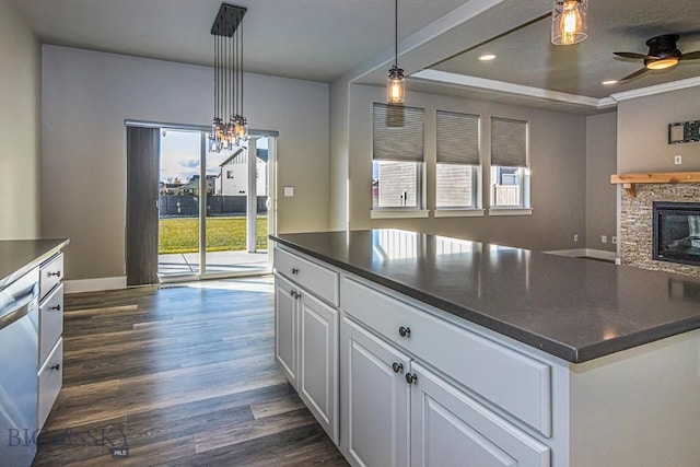 2133 Stewart Loop, Bozeman, MT 59718 - kitchen with dark countertops, dark wood-style flooring, a ceiling fan, and recessed lighting