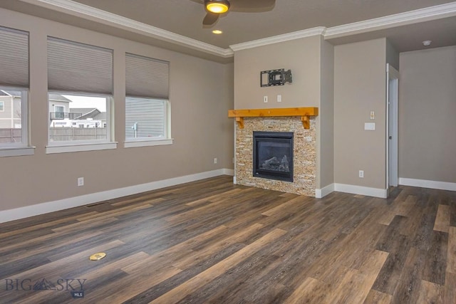 2133 Stewart Loop, Bozeman, MT 59718 - unfurnished living room with ornamental molding, wood finished floors, ceiling fan, a fireplace, and recessed lighting