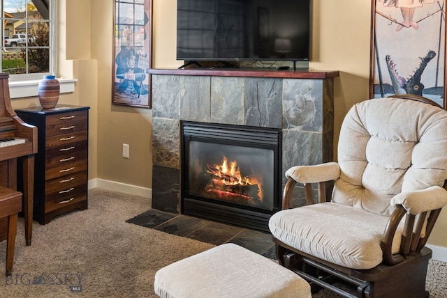 living area with a fireplace and carpet