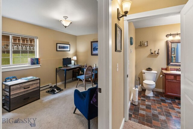 interior space featuring vanity, a baseboard radiator, and toilet