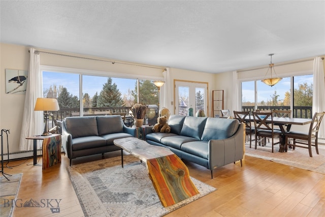 living room featuring a healthy amount of sunlight, a baseboard radiator, and light wood-type flooring