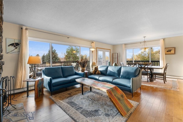 living room with wood-type flooring and a textured ceiling