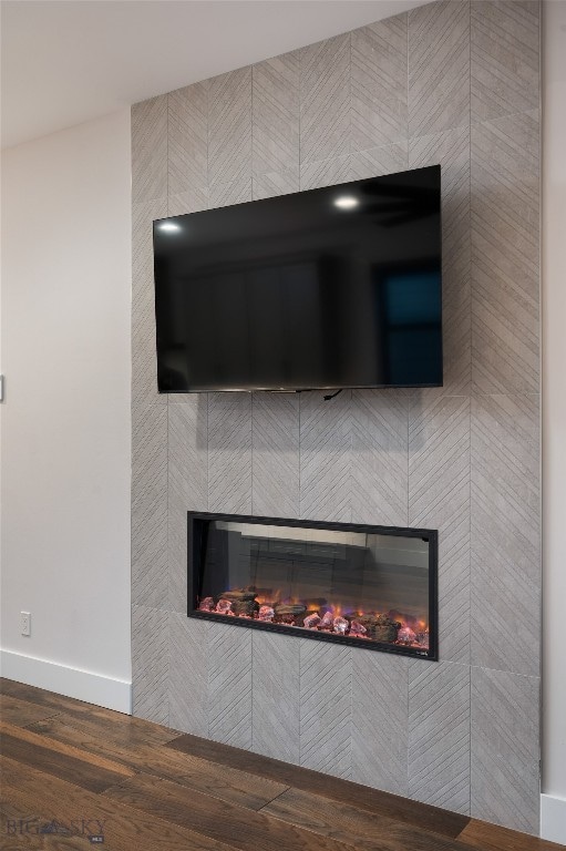 room details featuring a fireplace and hardwood / wood-style floors