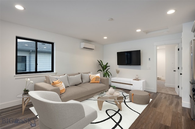 living room with an AC wall unit and dark wood-type flooring