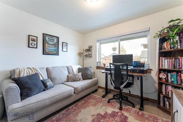 office area featuring light carpet