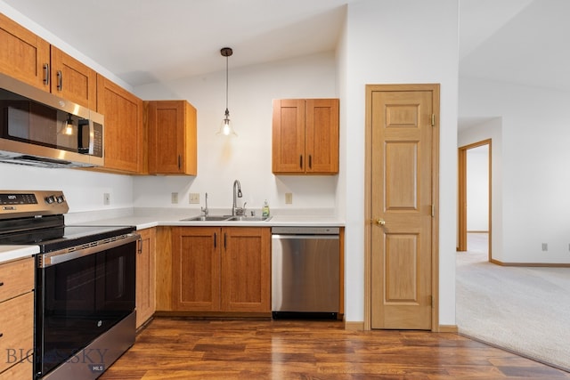 kitchen featuring stainless steel appliances, sink, dark hardwood / wood-style floors, hanging light fixtures, and lofted ceiling