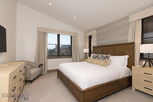 117 Martingale Frk Unit 6, Big Sky, MT 59716 - bedroom with light colored carpet, lofted ceiling, and recessed lighting