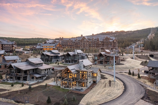 view of aerial view at dusk