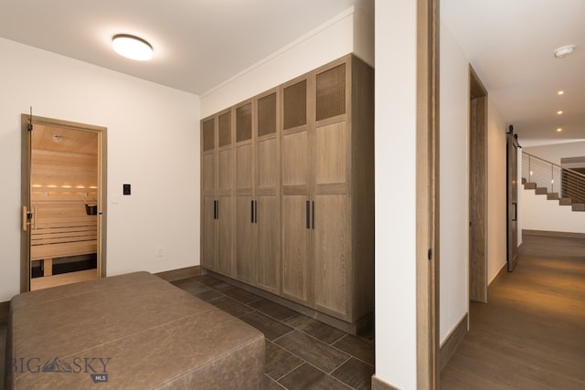 hallway featuring dark wood-type flooring