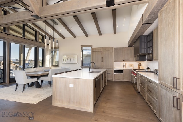 kitchen featuring double oven range, a kitchen island with sink, dark wood-type flooring, sink, and beam ceiling