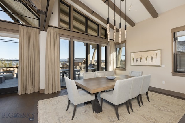 dining space with beamed ceiling, wood-type flooring, and high vaulted ceiling