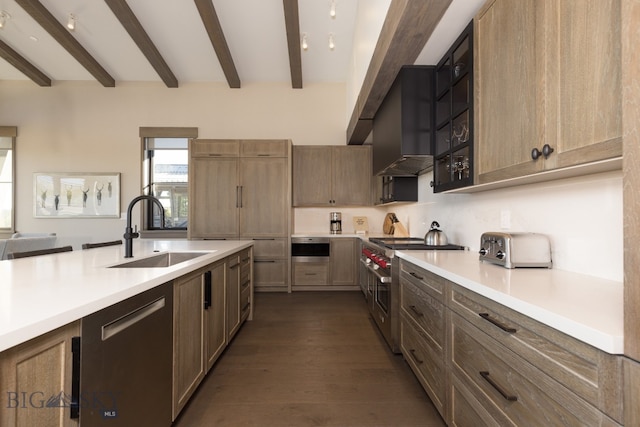 kitchen featuring appliances with stainless steel finishes, dark hardwood / wood-style flooring, beam ceiling, and sink