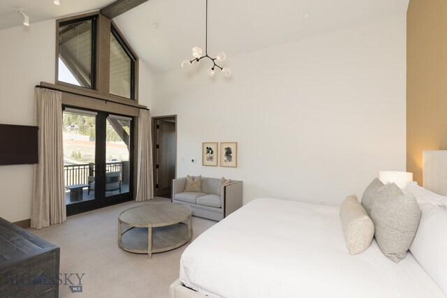 carpeted bedroom featuring access to outside, beamed ceiling, and high vaulted ceiling