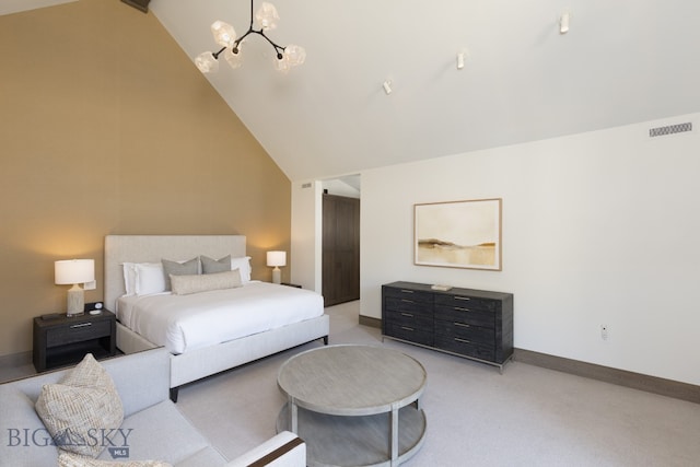 bedroom featuring light colored carpet, high vaulted ceiling, and a chandelier