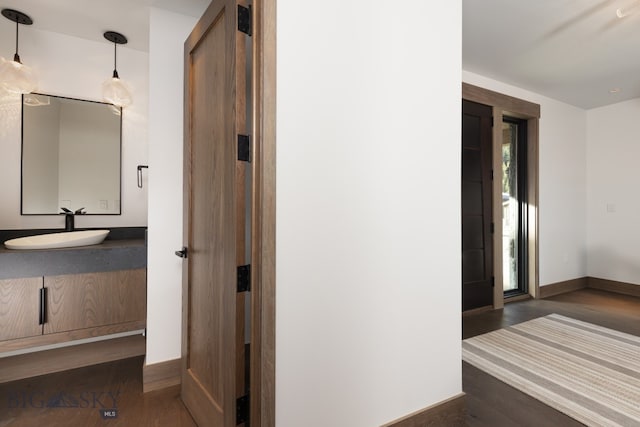 hall featuring dark wood-type flooring and sink