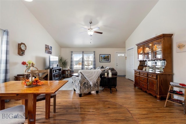 2309 Sturnella Ln, Belgrade, MT 59714 - living area with vaulted ceiling, ceiling fan, and wood finished floors