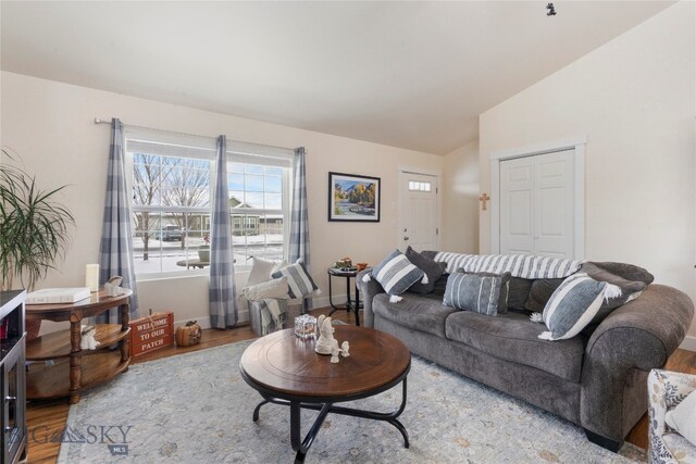 living room with hardwood / wood-style flooring and vaulted ceiling