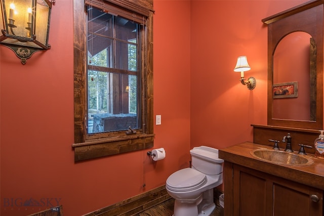 bathroom with hardwood / wood-style floors, vanity, and toilet