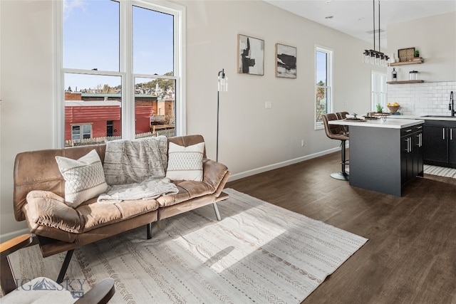 living room featuring dark hardwood / wood-style floors and sink