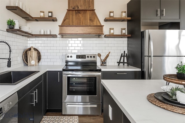 kitchen featuring appliances with stainless steel finishes, backsplash, custom exhaust hood, sink, and wood-type flooring