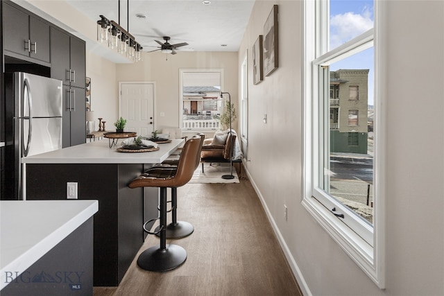 kitchen with hardwood / wood-style flooring, plenty of natural light, a kitchen breakfast bar, and stainless steel refrigerator