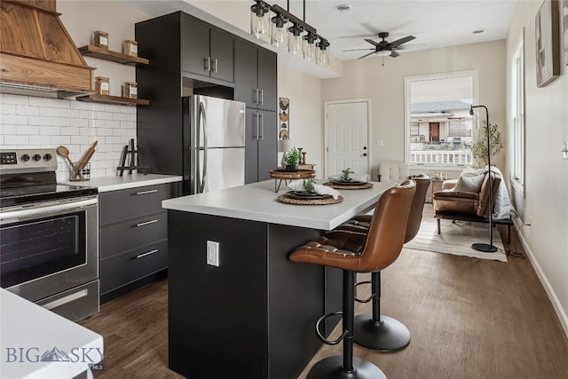 kitchen with tasteful backsplash, custom range hood, stainless steel appliances, dark wood-type flooring, and a center island