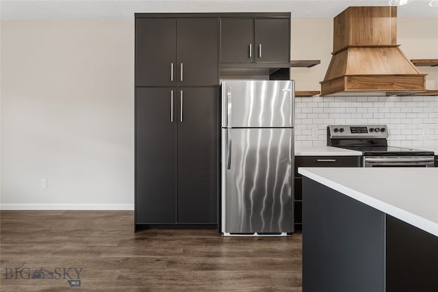 kitchen with appliances with stainless steel finishes, backsplash, dark wood-type flooring, and custom exhaust hood