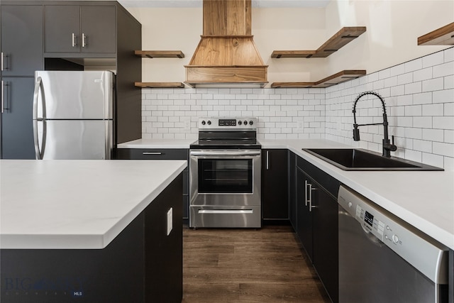 kitchen featuring decorative backsplash, custom exhaust hood, stainless steel appliances, sink, and dark hardwood / wood-style floors