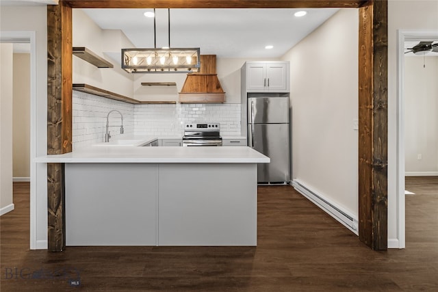 kitchen with white cabinetry, sink, a baseboard radiator, decorative light fixtures, and appliances with stainless steel finishes