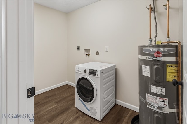 clothes washing area with secured water heater, washer / clothes dryer, and dark hardwood / wood-style floors