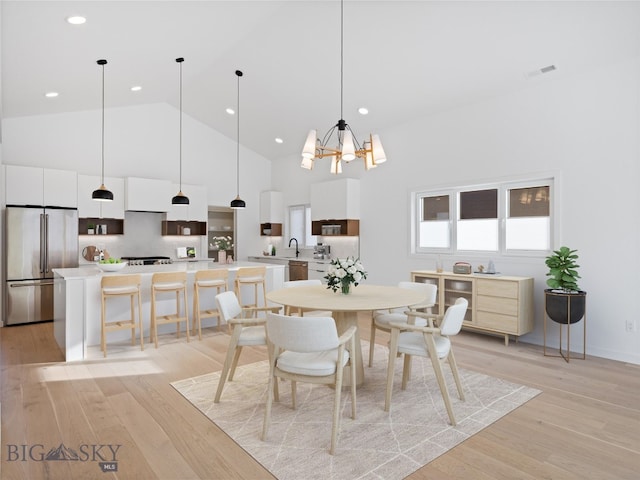 dining area featuring light wood-type flooring, high vaulted ceiling, a notable chandelier, and sink