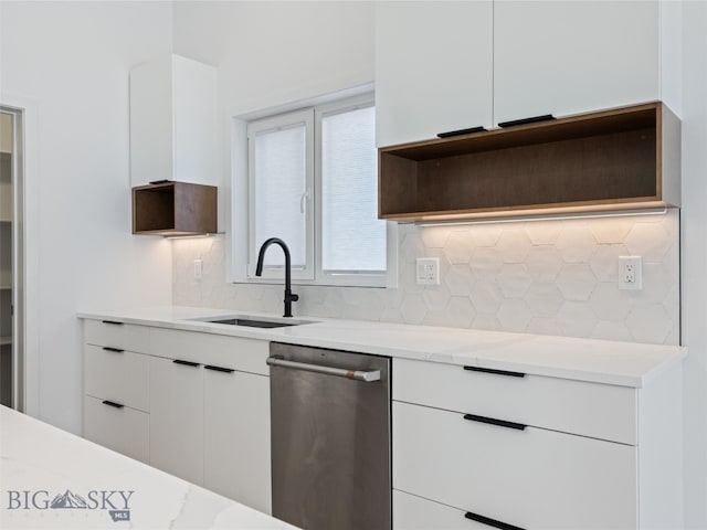 kitchen with white cabinets, dishwasher, backsplash, and sink