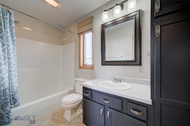 full bathroom with tile patterned floors, vanity, toilet, and shower / tub combo with curtain