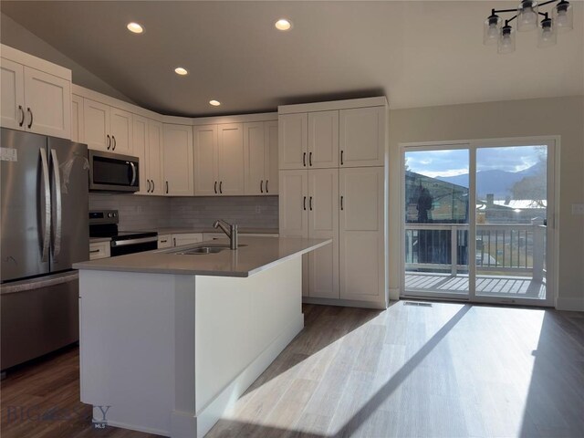 206 Otis Ave, Ennis, MT 59729 - kitchen featuring appliances with stainless steel finishes, dark wood-style floors, lofted ceiling, decorative backsplash, and white cabinetry