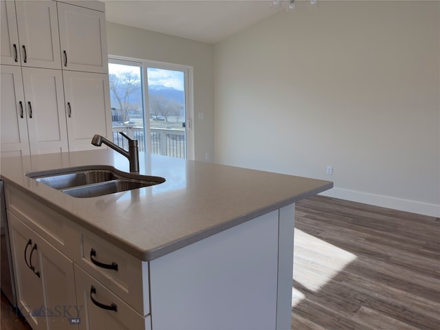 kitchen with white cabinetry, sink, hardwood / wood-style floors, and a center island with sink