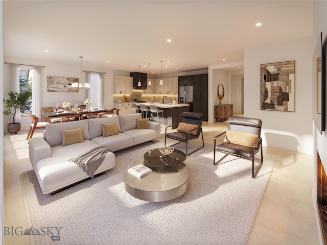 carpeted living room featuring sink