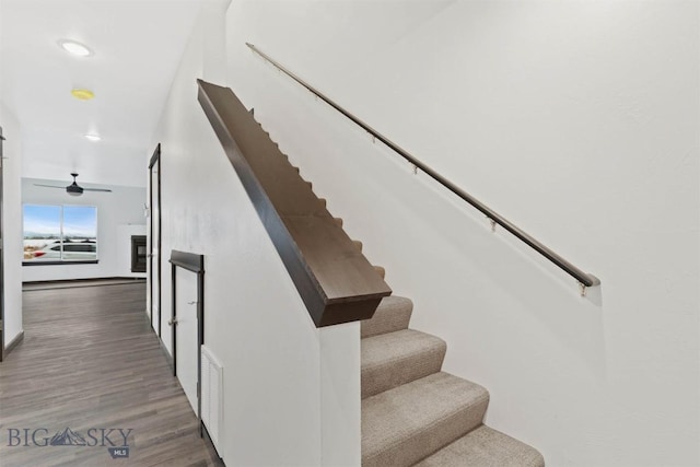 stairs with hardwood / wood-style floors and ceiling fan