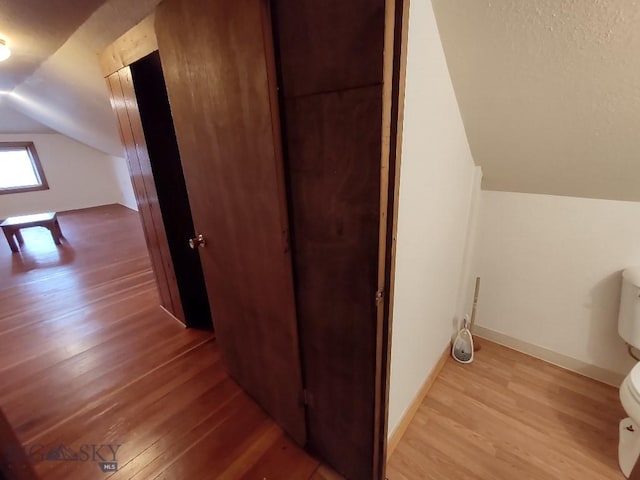 interior space with light hardwood / wood-style floors and lofted ceiling