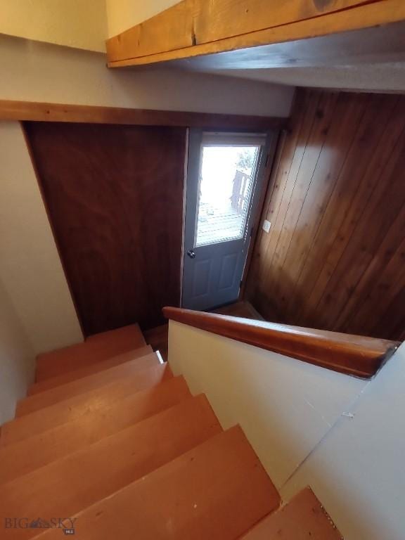 staircase with wooden walls