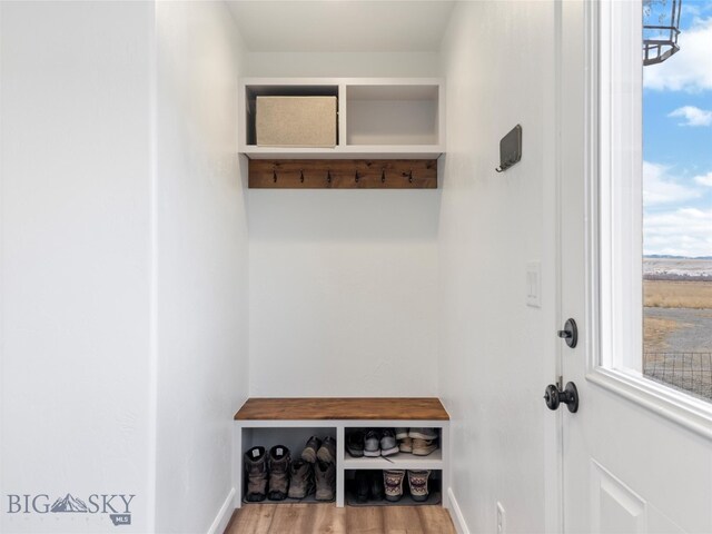 mudroom with baseboards and wood finished floors