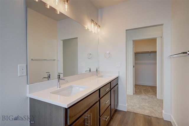 bathroom with hardwood / wood-style floors and vanity