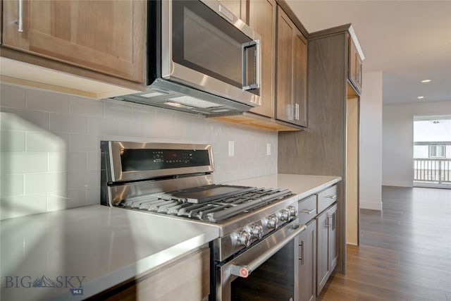 kitchen featuring decorative backsplash, appliances with stainless steel finishes, and dark hardwood / wood-style floors