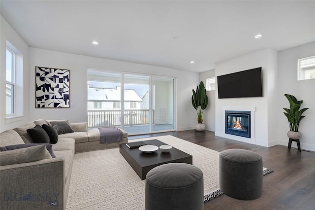 living room featuring a wealth of natural light and wood-type flooring