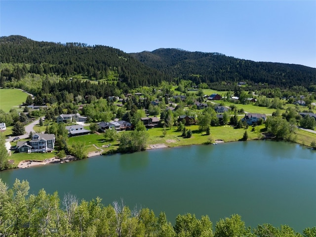 drone / aerial view with a water and mountain view