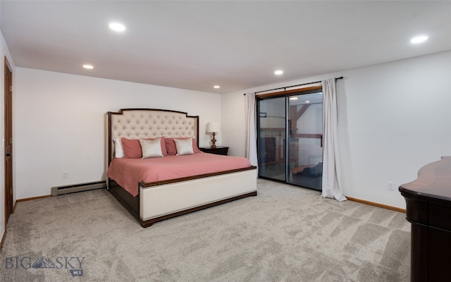 carpeted bedroom featuring access to outside and a baseboard radiator