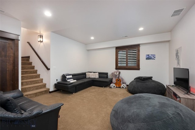 4543 Danube Ln, Bozeman, MT 59718 - carpeted living room featuring recessed lighting, visible vents, and stairs