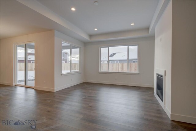 unfurnished living room featuring a raised ceiling and dark wood-type flooring