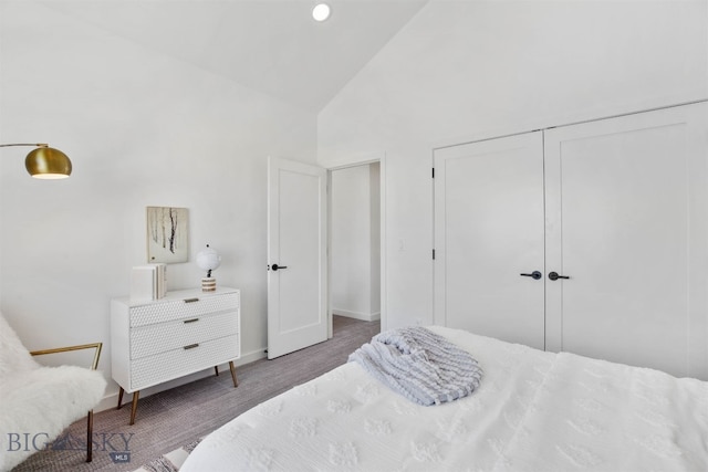 bedroom with dark hardwood / wood-style flooring, a closet, and high vaulted ceiling