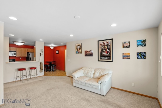 living room with light colored carpet